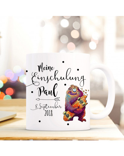 Tasse Becher Einschulung mit Monster Punkte Spruch Wunschnamen und Datum Kinderbecher Geschenk ts704