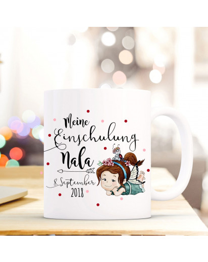 Tasse Becher Einschulung mit kleiner Fee Punkte Spruch Wunschnamen und Datum Kinderbecher Geschenk ts707