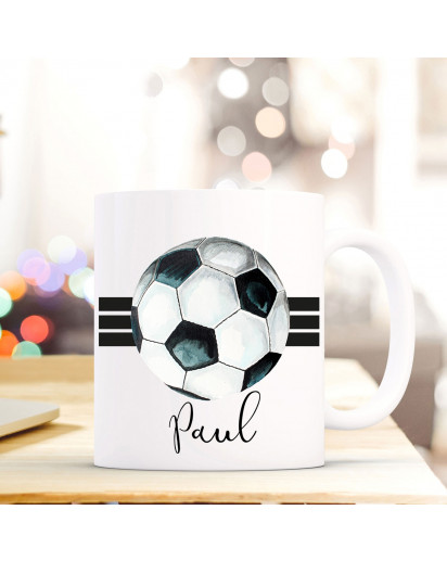 Tasse Becher Kaffeetasse mit Fußball Ball Streifen Wunschnamen Name Geschenk Fußballer Meisterschaft ts710