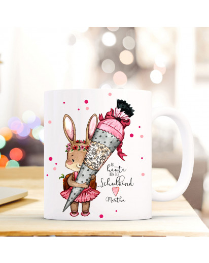 Tasse Becher Geschenk Einschulung mit Hase Häschen Schultüte Spruch Ab heute Schulkind & Wunschnamen Kinderbecher ts714