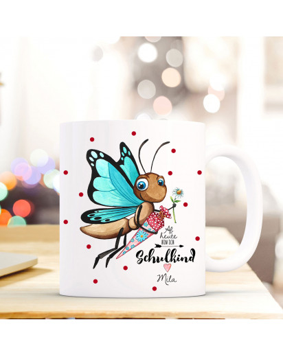 Tasse Becher Geschenk Schulstart mit Schmetterling Zuckertüte Punkte & Spruch Schulkind mit Name Wunschnamen ts716