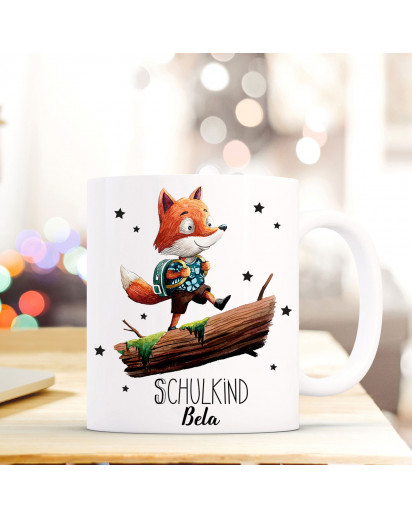 Tasse Becher Geschenk Schulstart mit Fuchs Füchschen Tornister Sterne & Spruch Schulkind mit Name Wunschnamen ts719