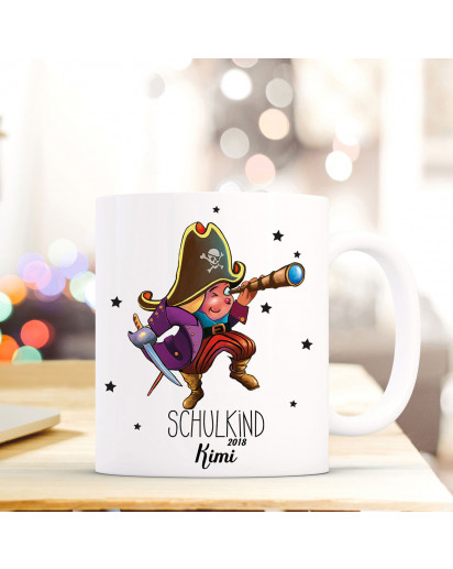 Tasse Becher Geschenk Schulstart mit kleinem Pirat Sterne & Schulkind mit Name Wunschnamen & Jahr der Einschulung ts727