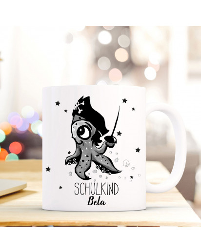 Tasse Becher Octopus Krake Pirat Geschenk Schulstart mit Sterne Name Wunschnamen & Spruch Schulkind ts736