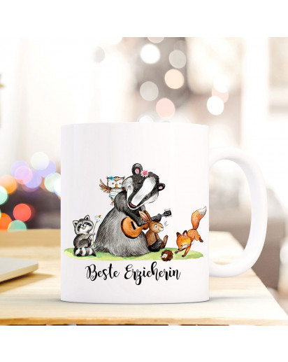 Tasse Becher Geschenk Erzieher mit Waschbär Tierkinder & Spruch beste Erzieherin ts738