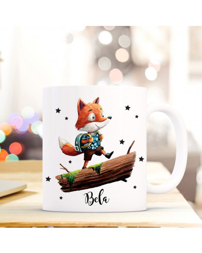 Tasse Becher mit Fuchs & Schulranzen Geschenk mit Tiermotiv Kaffeetasse Fuchstasse mit Namen Wunschnamen Kaffeebecher ts771