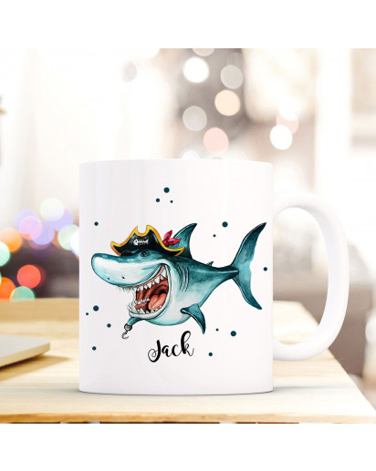 Tasse Becher mit Hai Haifisch Pirat Geschenk mit Tiermotiv Kaffeetasse Haitasse mit Namen Wunschnamen Kaffeebecher ts773