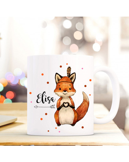 Tasse Becher mit Fuchs Herz & Feder Geschenk mit Tiermotiv Kaffeetasse Fuchstasse mit Namen Wunschnamen Kaffeebecher ts776