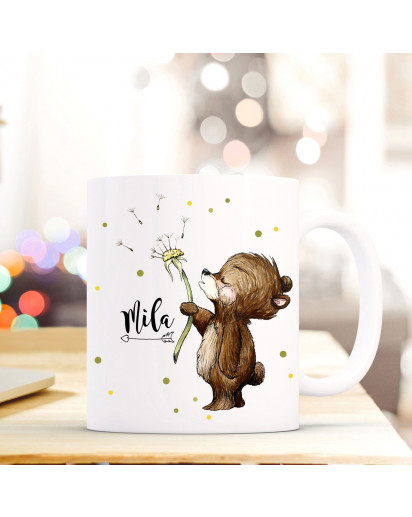 Tasse Becher mit Bär Bärchen & Pusteblume Geschenk mit Tiermotiv Kaffeetasse Bärchentasse mit Namen Wunschnamen Kaffeebecher ts777