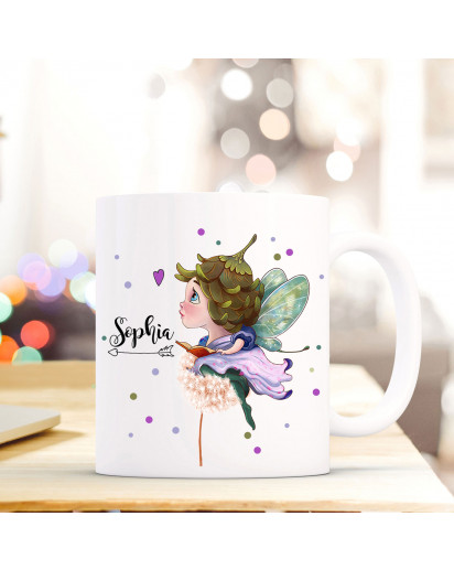 Tasse Becher mit Fee Elfe & Pusteblume Geschenk mit Feenmotiv Kaffeetasse Elfentasse mit Namen Wunschnamen Kaffeebecher ts778