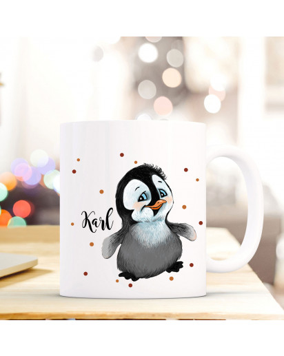 Tasse Becher mit Pinguin & Punkte Geschenk mit Tiermotiv Kaffeetasse Pinguintasse mit Namen Wunschnamen Kaffeebecher ts779