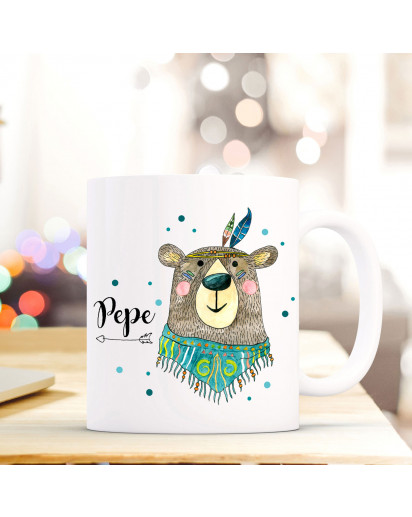 Tasse Becher mit Boho Bär Bärchen Geschenk mit Tiermotiv Kaffeetasse Bärentasse mit Namen Wunschnamen Kaffeebecher ts780