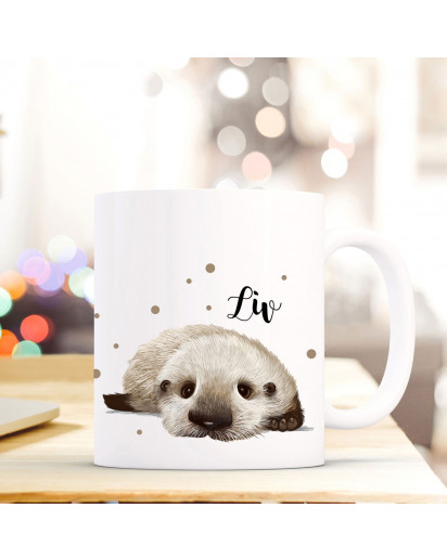 Tasse Becher mit Otter Baby & Punkte Geschenk mit Tiermotiv Kaffeetasse Ottertasse mit Namen Wunschnamen Kaffeebecher ts782