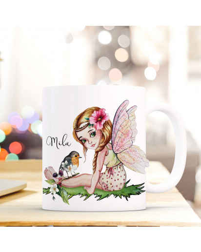 Tasse Becher mit Fee Elfe & Vogel Geschenk mit Feenmotiv Kaffeetasse Elfentasse mit Namen Wunschnamen Kaffeebecher ts797