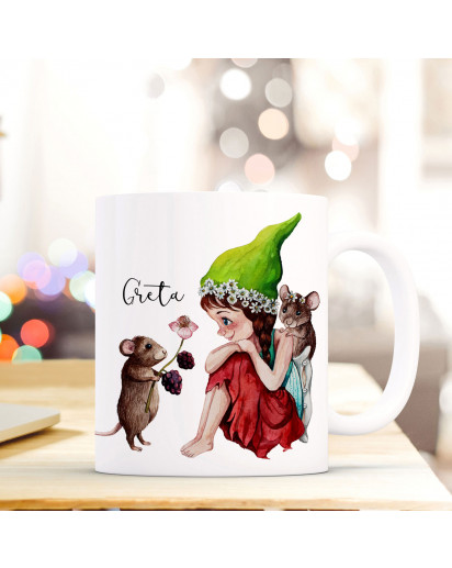 Tasse Becher mit Fee Elfe & Mäuse Geschenk mit Feenmotiv Kaffeetasse Elfentasse mit Namen Wunschnamen Kaffeebecher ts799