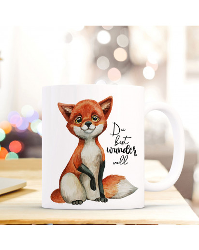 Tasse Becher bedruckt mit Fuchs & Spruch Du bist wundervoll Kaffeetasse Kaffeebecher ts842