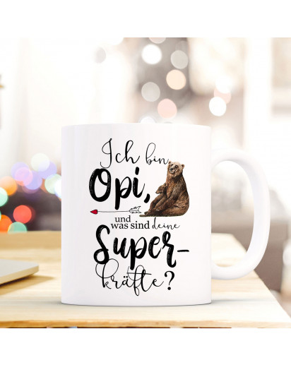 Tasse Becher mit Spruch Ich bin Opi was sind deine Superkräfte & Bärenmotiv Kaffeebecher Geschenk Spruchbecher ts851