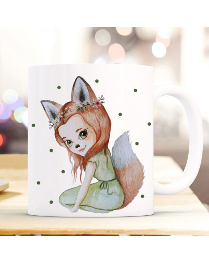 Tasse Becher mit Motiv Fuchsmädchen Fara mit grünen Punkten Kaffeebecher Teetasse Geschenk Motivbecher ts854