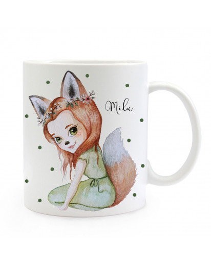 Individuelle Tasse Becher Fuchsmädchen Fara mit grünen Punkten & Name Geschenk Kaffeebecher mit Wunschname ts855