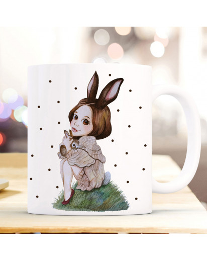 Tasse Becher mit Motiv Hasenmädchen Huki mit schwarzen Punkten Kaffeebecher Teetasse Geschenk Motivbecher ts856