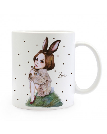 Individuelle Tasse Becher Hasenmädchen Huki mit schwarzen Punkten & Name Geschenk Kaffeebecher mit Wunschname ts857