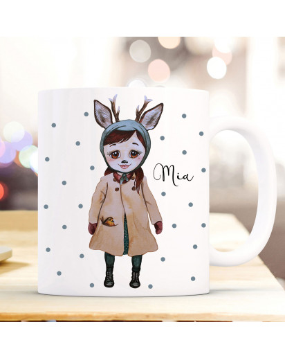 Individuelle Tasse Becher Rehmädchen Runi mit Punkten Pünktchen & Name Geschenk Kaffeebecher mit Wunschname ts858