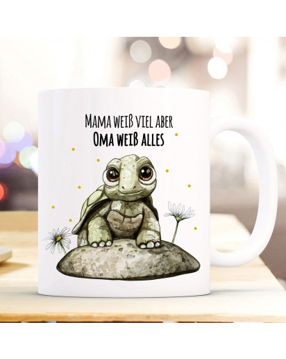 Tasse Becher mit Schildkröte & Spruch Mama weiß viel Oma alles Kaffeebecher Geschenk Spruchbecher ts860