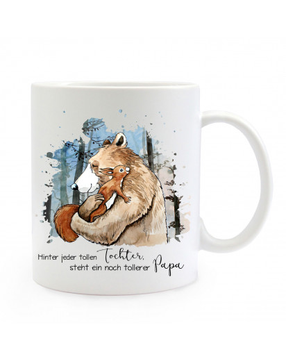 Tasse Becher Bär mit Eichhörnchen & Spruch Hinter tollen Tochter steht tollerer Papa Kaffeebecher Geschenk Spruchbecher ts863