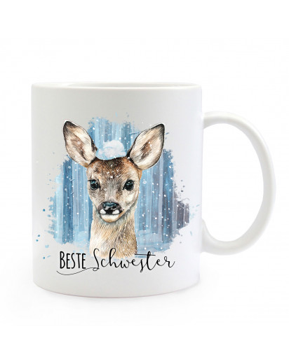 Tasse Becher mit Reh Rehkitz Schnee & Spruch Beste Schwester Kaffeebecher Geschenk Spruchbecher ts867