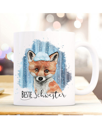 Tasse Becher mit Fuchs im Schnee & Spruch Beste Schwester Kaffeebecher Geschenk Spruchbecher ts868