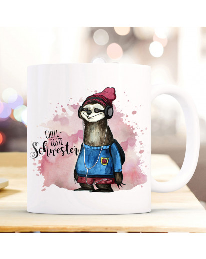 Tasse Becher mit Faultier & Spruch Chilligste Schwester Kaffeebecher Geschenk Spruchbecher ts873