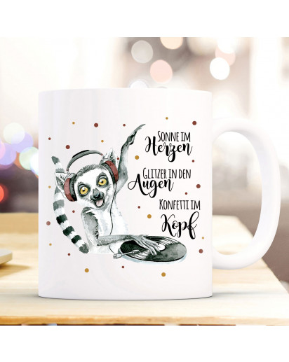 Tasse Becher Lemur DJ & Spruch Konfetti im Kopf Kaffeebecher Geschenk Spruchbecher ts875