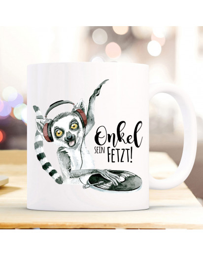 Tasse Becher mit Lemur Affe Äffchen DJ & Spruch Onkel sein fetzt Kaffeebecher Geschenk Spruchbecher ts876