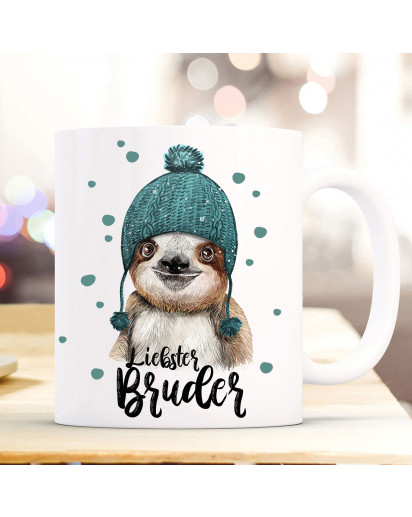 Tasse Becher mit Faultier Pudelmütze & Spruch Liebster Bruder Motiv Kaffeebecher Geschenk Weihnachten ts883