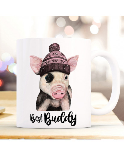 Tasse Becher mit Schweinchen Pudelmütze & Spruch best buddy Motiv Kaffeebecher Geschenk Weihnachten ts884