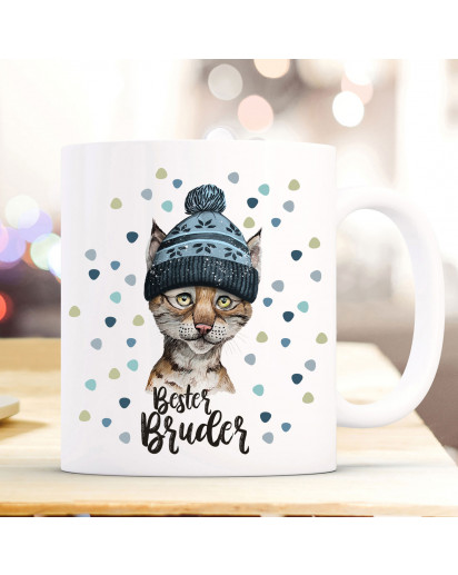 Tasse Becher mit Luchs Pudelmütze & Spruch Bester Bruder Motiv Kaffeebecher Geschenk Weihnachten ts886