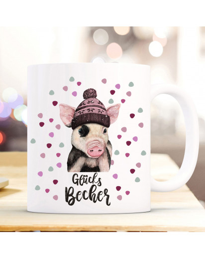 Tasse Becher mit Schweinchen Pudelmütze & Spruch Glücks Becher Motiv Kaffeebecher Geschenk Weihnachten ts888