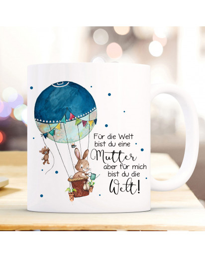 Tasse Becher Hase im Ballon & Spruch Mutter für mich bist du die Welt Kaffeebecher Geschenk Spruchbecher ts890