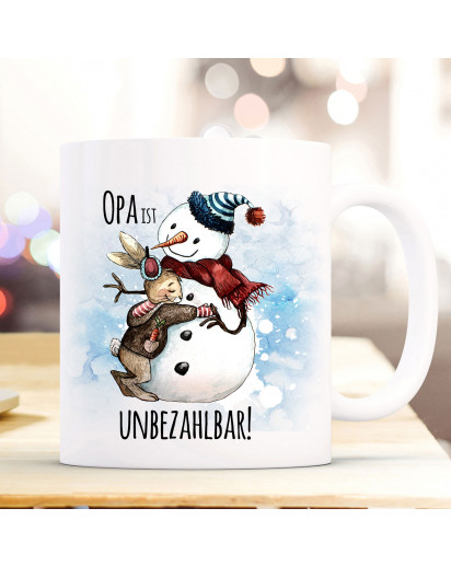 Tasse Becher Hase mit Schneemann & Spruch Opa ist unbezahlbar Kaffeebecher Geschenk Spruchbecher ts892