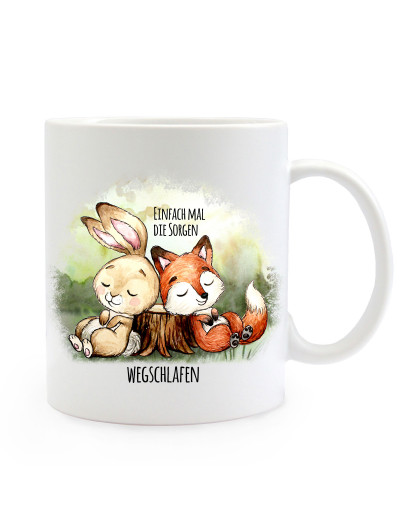 Tasse Becher Motiv Hase & Fuchs Spruch Einfach Sorgen wegschlafen Kaffeebecher Geschenk Spruchbecher ts908