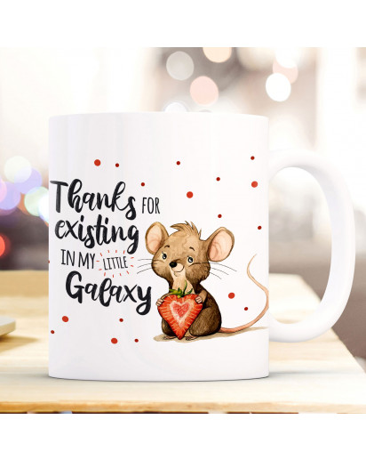 Tasse Becher Motiv mit Maus Mäuschen Herzbeere Spruch Thanks for existing... Kaffeebecher Geschenk Spruchbecher ts917