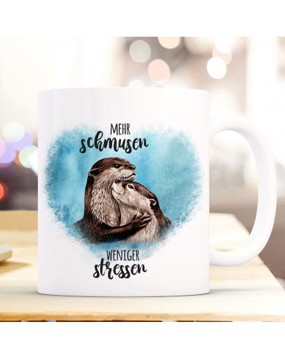 Tasse Becher Motiv mit Otter Pärchen blau Spruch Mehr schmusen weniger stressen Kaffeebecher Geschenk Spruchbecher ts918