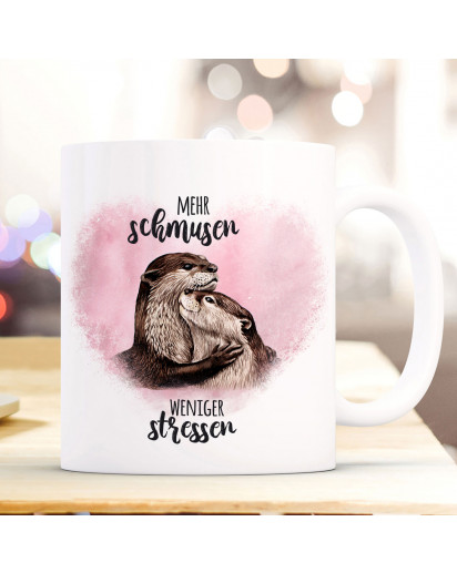 Tasse Becher Motiv mit Otter Pärchen rosa Spruch Mehr schmusen weniger stressen Kaffeebecher Geschenk Spruchbecher ts919