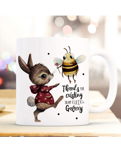 Tasse Becher Motiv Hase & Biene Spruch Thanks for existing... Kaffeebecher Geschenk Spruchbecher ts927