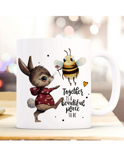 Tasse Becher Motiv Hase & Biene Spruch Together is a beautiful place to be Kaffeebecher Geschenk Spruchbecher ts928