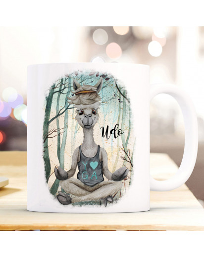 Tasse Becher Motiv Lama Lamachen Yoga im Wald mit Name Wunschname Kaffeebecher Geschenk Spruchbecher ts937