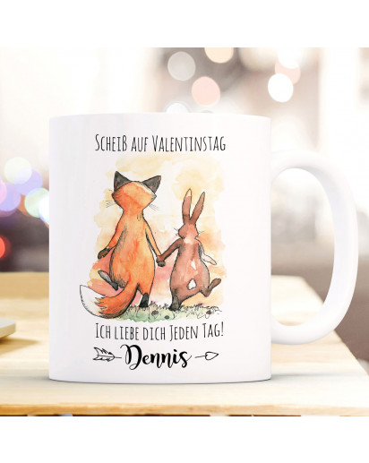 Tasse Becher Motiv Fuchs & Hase Pärchen Spruch Scheiß auf Valentinstag Kaffeebecher Geschenk Spruchbecher Wunschname ts942