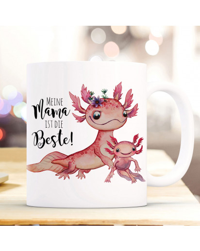 Tasse Becher Motiv Axolotl mit Kinder Spruch Mama ist die Beste Kaffeebecher Geschenk Spruchbecher ts953