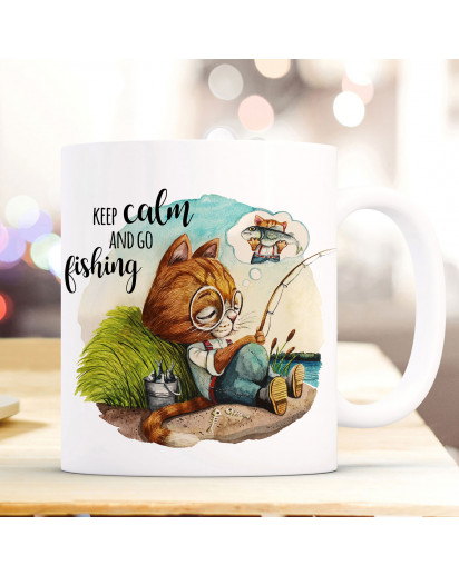 Tasse Becher Kaffeetasse Kater Katze Kätzchen Angelkater Angel Spruch Keep calm and go fishing Kaffeebecher Geschenk Spruchbecher ts962