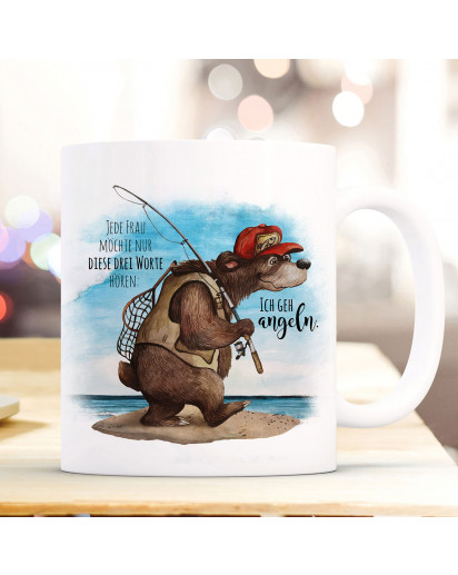 Tasse Becher Kaffeetasse Angler Bär Angel Spruch Ich gehe angeln Kaffeebecher Geschenk Spruchbecher ts965